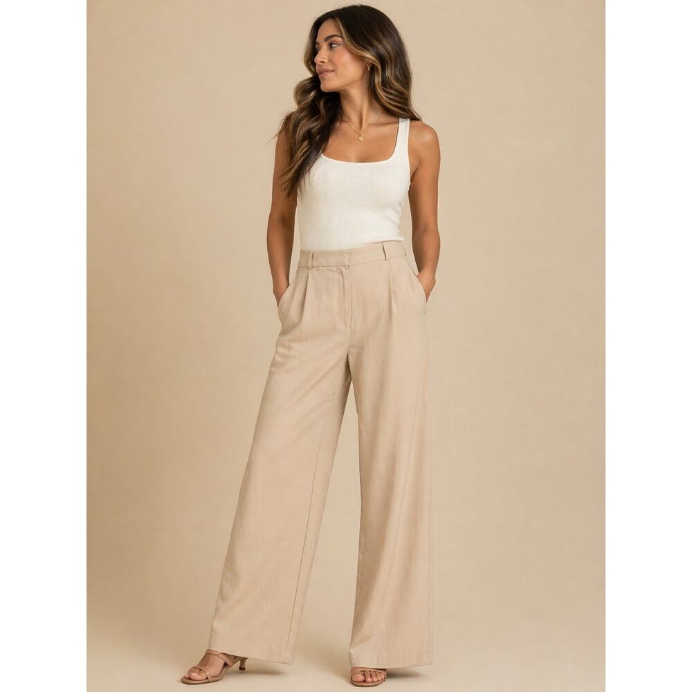 LR1106 H&M Beige Wide Leg Pants Size 4 High Rise Linen Blend Trousers